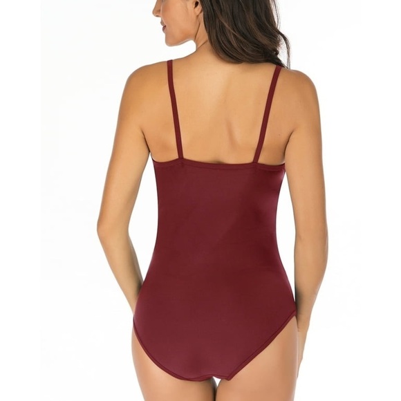 Halter Plunging V Neck Bathing Suit Hollow Out Side Edge Red Wine Swimwear - Picture 3 of 9